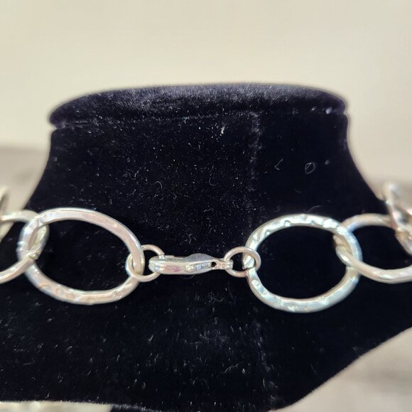 Silver-Tone Hammered Oval Link Chain Necklace With Lobster Clasp Closure - Picture 2 of 6